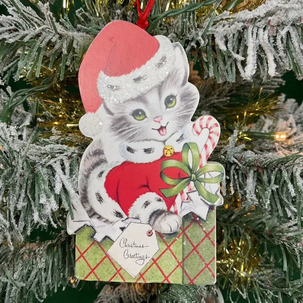 Vintage Style Black & White Puppy in Gift Box Christmas Ornament